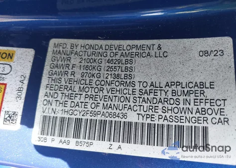 2023 Honda Accord Hybrid Sport z USA, uszkodzony, nr VIN 1HGCY2F59PA068436